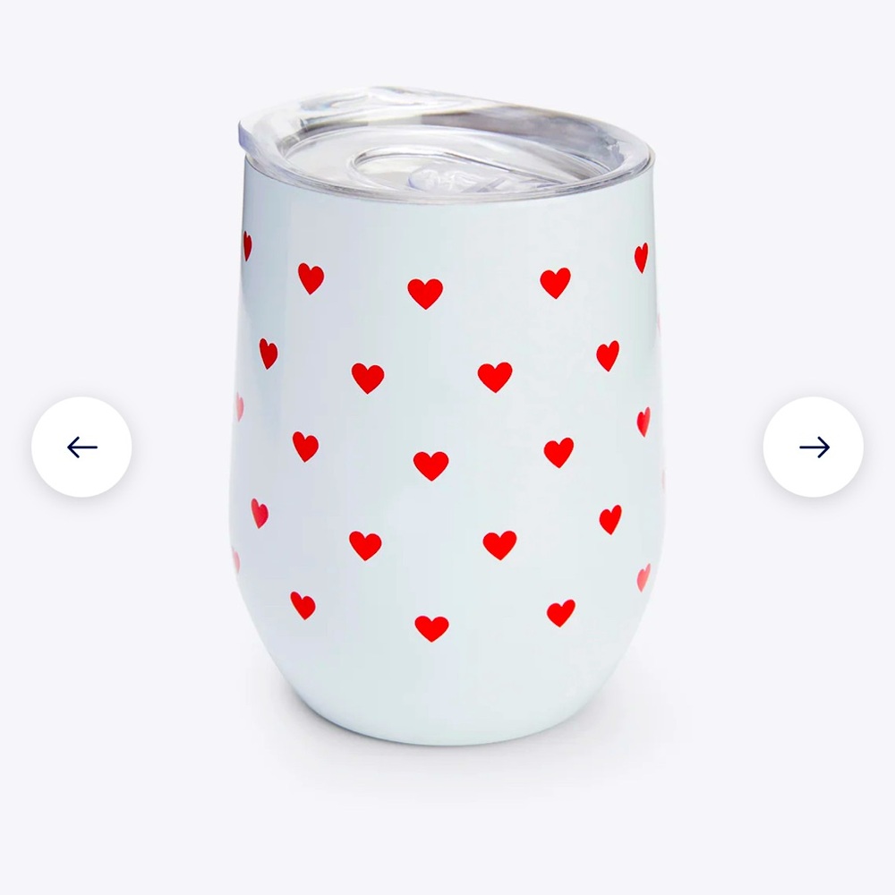 NWT DRAPER JAMES STAINLESS STEEL WINE GLASS SET OF TWO WHITE TUMBLER W/ HEARTS